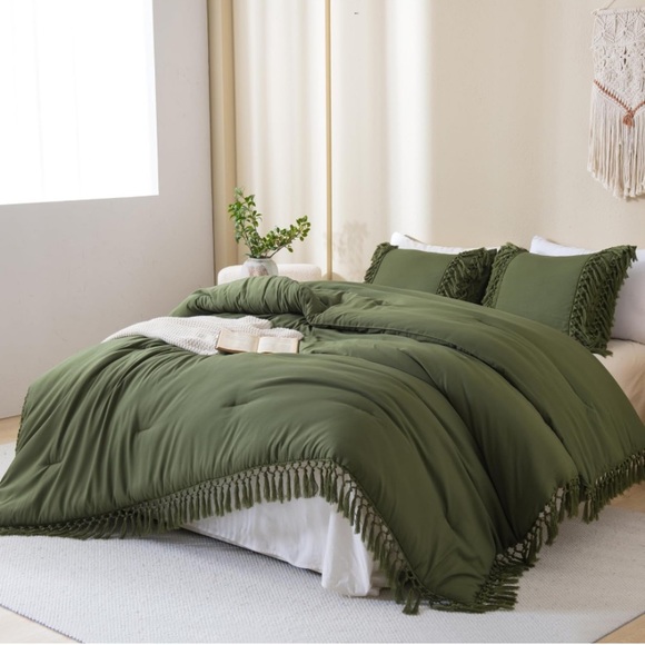 Olive green bohemian tassel comforter set 3 pcs king queen - Picture 5 of 8